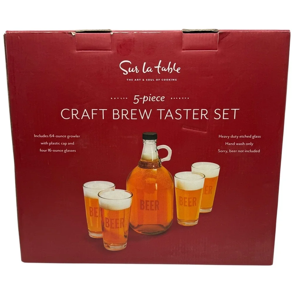 Sur La Table 5‎ Piece Craft Brew Taster Set Growler Four Pint Glasses Etched